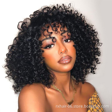 Afro Kinky Curly Transparent 13x4 Lace Front Wigs With Bangs,Machine Made Human Hair Fringe Curly Wigs For Black Women